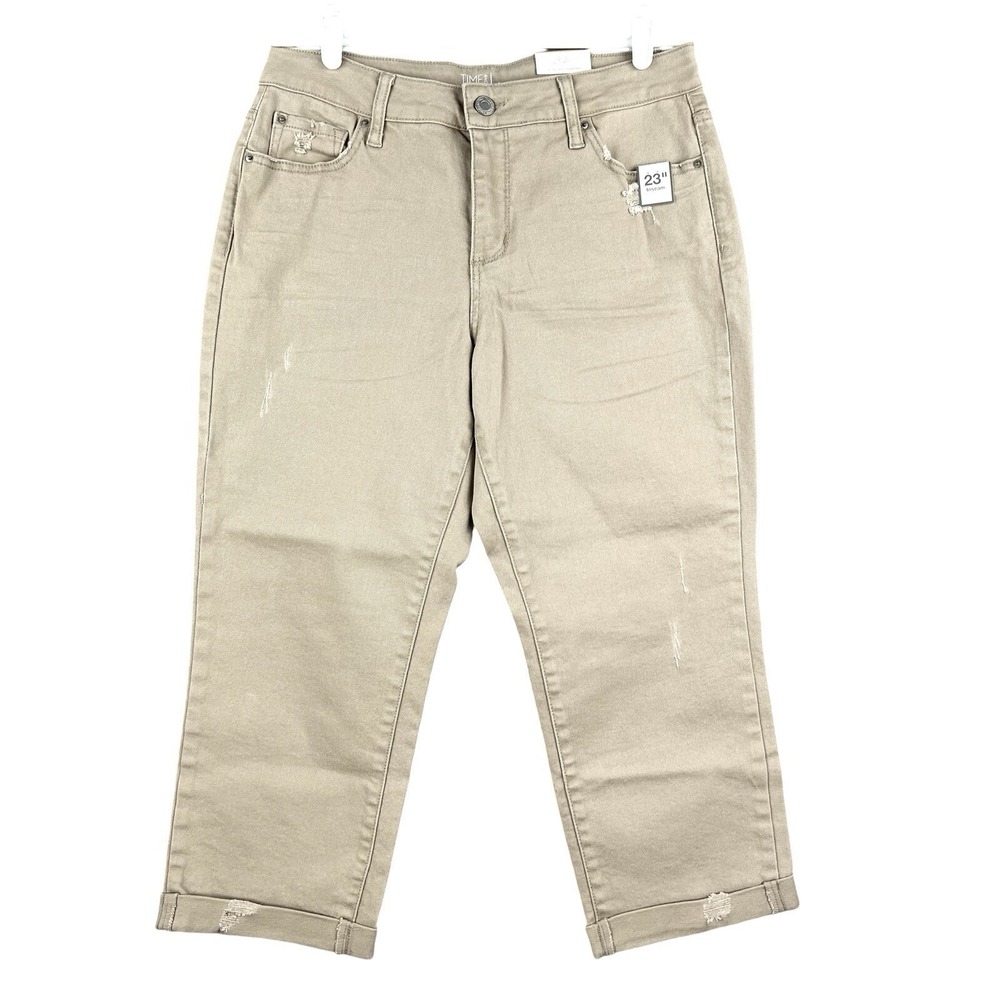 Time & Tru Women Relaxed Brown Capri Size 10 Distressed Mid Rise Rolled Hem NWT